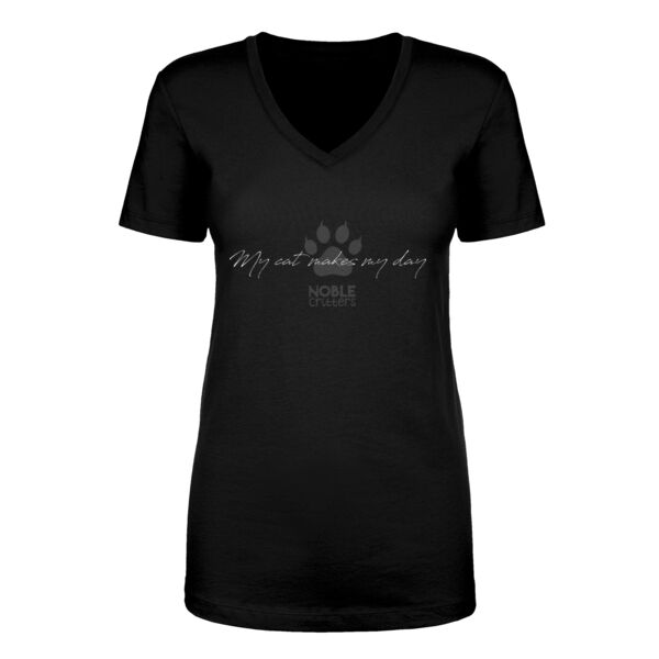 MY CAT MAKES MY DAY - WOMEN'S PREMIUM FITTED S/S V-NECK TEE - BLACK Thumbnail